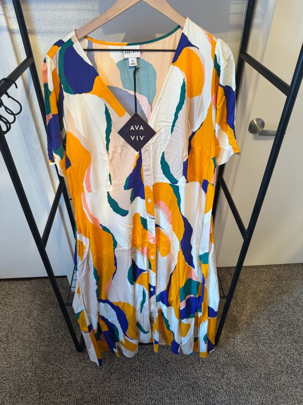 Ava & Viv White Midi Dress with Yellow, Blue, Green & Pink Abstract Print